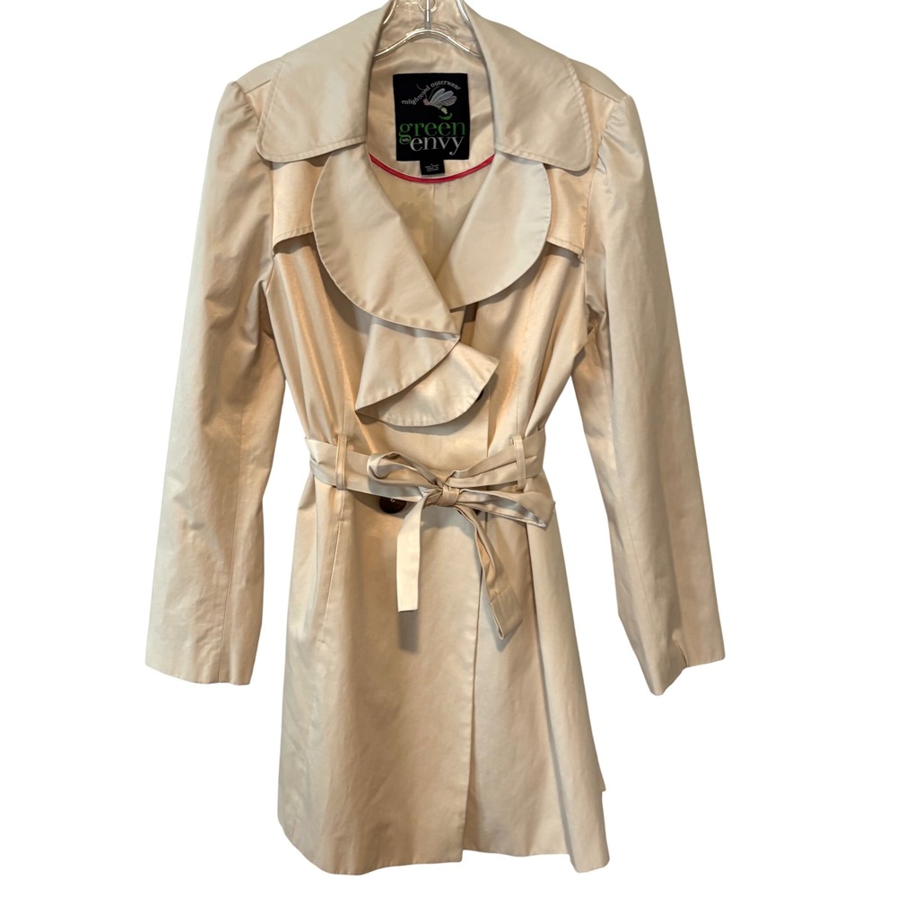 Green with Envy Women's Cream Ruffle Collar‎ Trench Coat in Size L